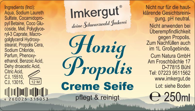 Honig Propolis Creme Seife Etikett von vorne 